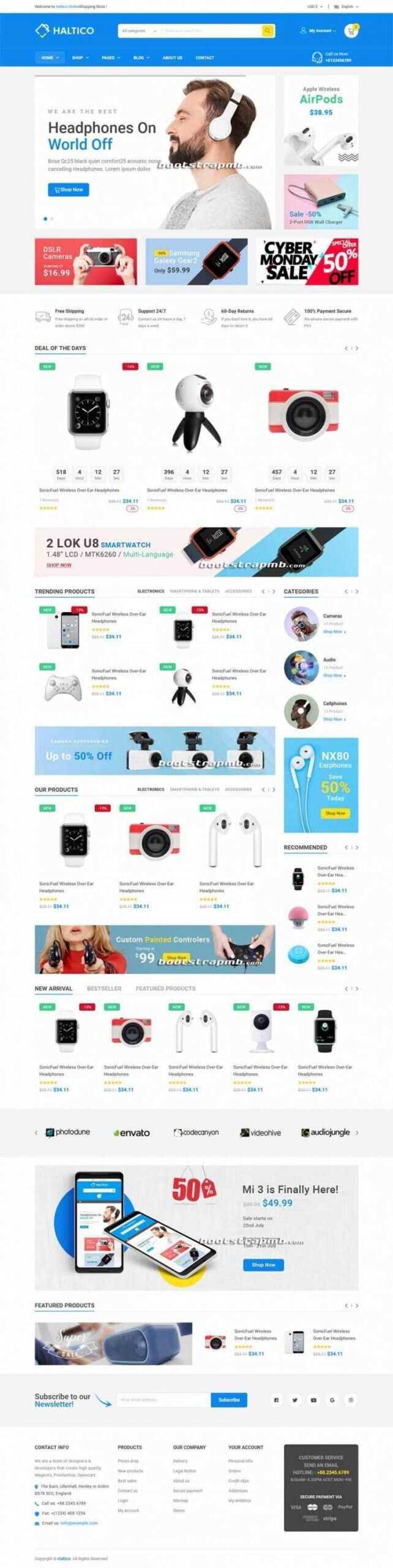 蓝色Bootstrap4大型响应式数码产品设备商城-捌零源码